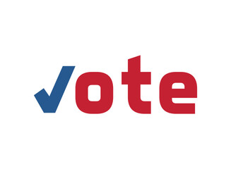 USA 2024 election vector: Vote text in bold, with checkmark as 'V' in red and blue, symbolizing American electoral participation