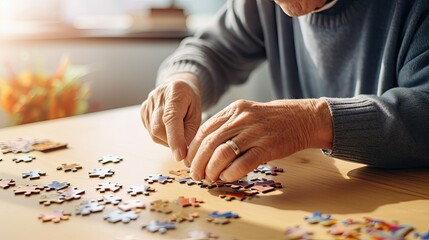 Elderly hands assembling a puzzle, symbolizing cognitive engagement.