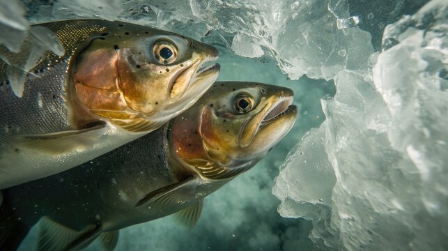 Closeup of the intimate moment between two arctic char their bodies intertwined as they swim side by side in the crystalclear waters beneath the thick ice.
