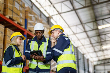 Diversity ethnicity of warehouse staffs or engineers making a discussion together before start...