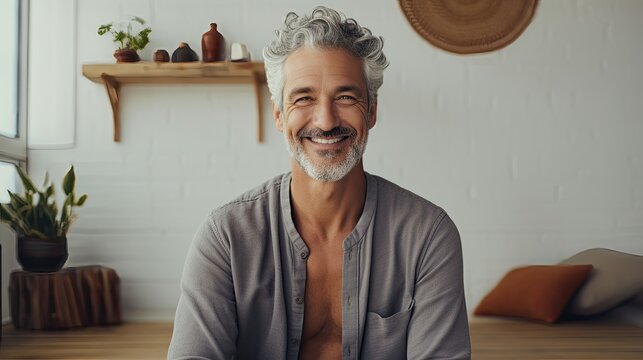 Smiling senior man with gray hair in a relaxed home environment.