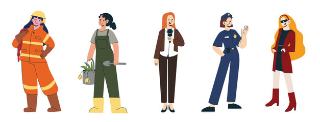 Set of woman profession illustrations. Woman independent illustration. 