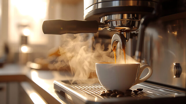 espresso preparation according to a classic recipe in an Italian coffee machine. Generative AI illustration 