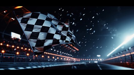 The checkered flag adorned with white and black squares flapping in the wind as it is celebrated...