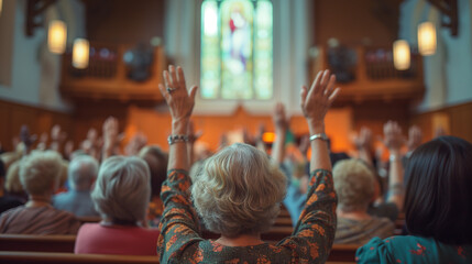 Church community members praising God during a worship service.