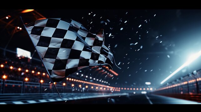 The checkered flag adorned with white and black squares flapping in the wind as it is celebrated under the glowing stadium lights. - Powered by Adobe