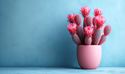 Pink cactus on light blue background. Creative design.Generative AI - obrazy, fototapety, plakaty