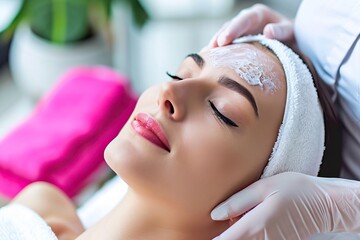relaxing facial treatment - a professional beautician applying face mask at a spa