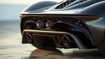 Closeups of the of the car reveal a mive spoiler and oversized exhaust pipes both necessary for controlling the brute force and heat produced by the powerful engine. - obrazy, fototapety, plakaty