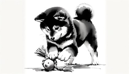 An elegant ink wash painting of a Mame Shiba Inu playing with its favorite toy, using traditional ink wash techniques to capture.