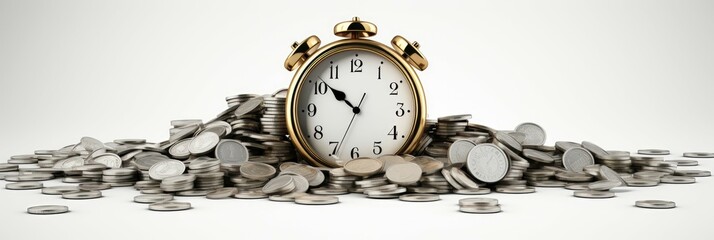 Pile of coins with an alarm clock, concept of time and money management.