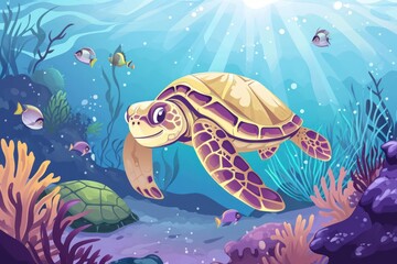 turtle with beautiful underwater world. Vector illustration cartoon style