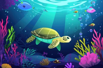 turtle with beautiful underwater world. Vector illustration cartoon style