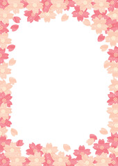 水彩の桜と桜の花びらが舞い散るフレーム_囲み飾り_縦