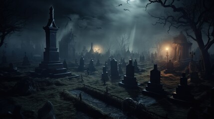 A graveyard at night shrouded in thick foggy haze. - obrazy, fototapety, plakaty