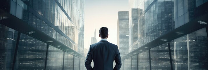 A businessman in silhouette facing large windows overlooking the city skyline. - obrazy, fototapety, plakaty