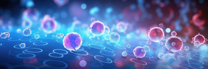 Digital rendering of floating viruses with a futuristic blue backdrop.