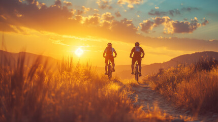 Two mountain bike racers on a trail in the mountains late evening on a warm day.
