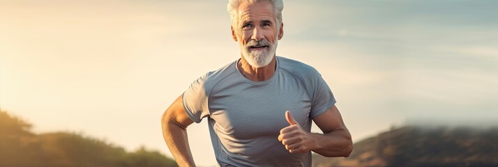 Mature man giving a thumbs-up during a sunset run, embodying active and healthy aging.