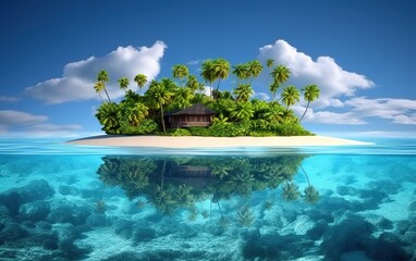 An island with coconut trees and a house in the middle. Generative AI