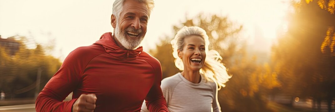 Joyful elderly couple running together, enjoying a healthy lifestyle in golden light.
