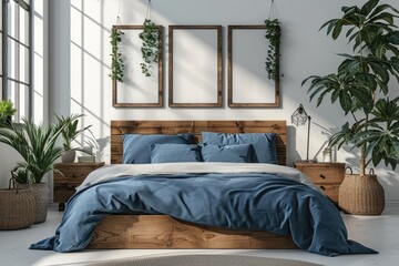 Wooden bed frame with blue pillows. Generative Ai.