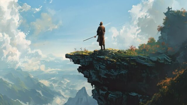 video illustration, a samurai on a cliff