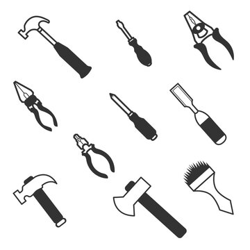 vector icon design set of carpentry tools, saw, screwdriver, scissors, pliers, ax etc