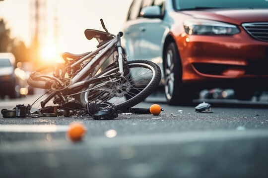 car and bicycle accident at an intersection of city streets