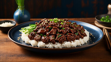 a delectable visual narrative with a side view of a plate featuring Mongolian Beef the wooden table provide a warm backdrop to the glistening beef