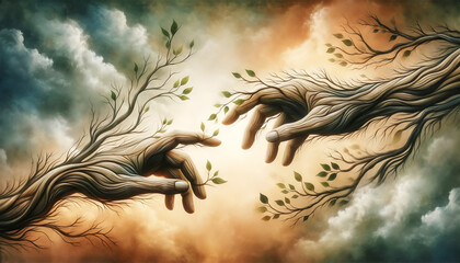 An artistic representation of human hands and tree branches reaching towards each other - obrazy, fototapety, plakaty