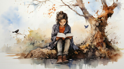 Watercolor of a woman reading under an autumn tree - obrazy, fototapety, plakaty