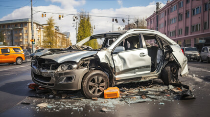 Fototapeta premium car and motorcycle accident at an intersection of city streets