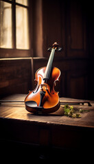 A shallow depth of field surrounds a classical violin resting on an antique wooden table, with sheet music in the background.

