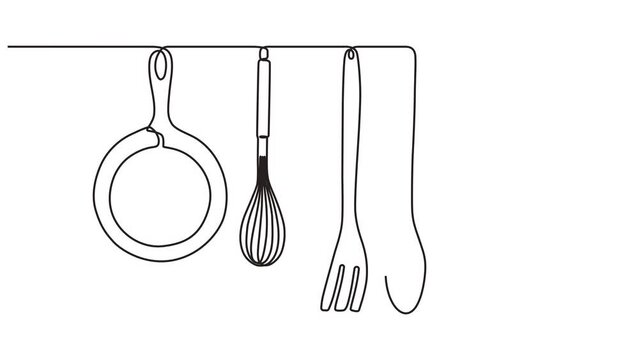 Continuous one line animation. Hand drawn animated motion graphic elements of a set of cooking ware. concept of plate, spoon, fork, knife. video 4k