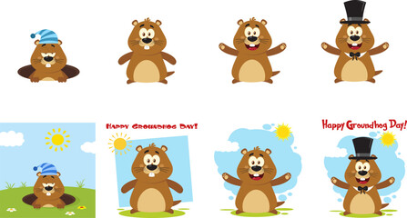 Groundhog Day Marmot Cartoon Character. Vector Flat Design Collection Set Isolated On Transparent Background