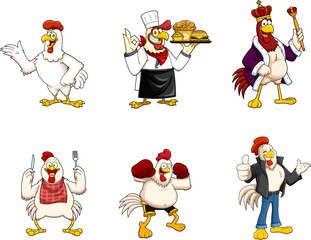 Chicken And Rooster Cartoon Mascot Characters. Vector Hand Drawn Collection Set Isolated On Transparent Background © HitToon.com