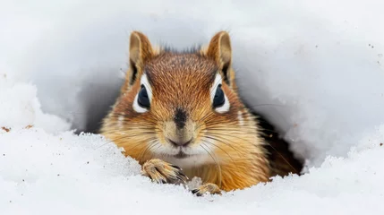 Foto op Plexiglas Closeup of an Arctic ground squirrels tiny paws peeking out from under a blanket of snow as it prepares to emerge from its burrow. © Justlight