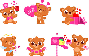 Cute Valentine Bear Cartoon Character. Vector Flat Design Collection Set Isolated On Transparent Background