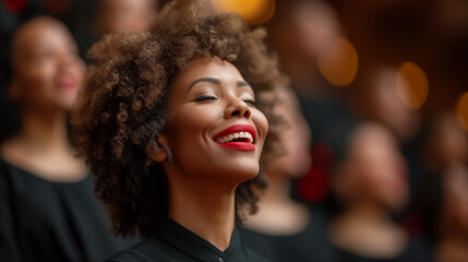 Fototapeta premium Black woman enjoying church worship service, singing praise to God.