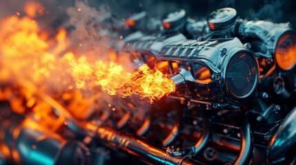 An intense closeup of a nitropowered engine revving flames spewing out of the exhaust pipes.