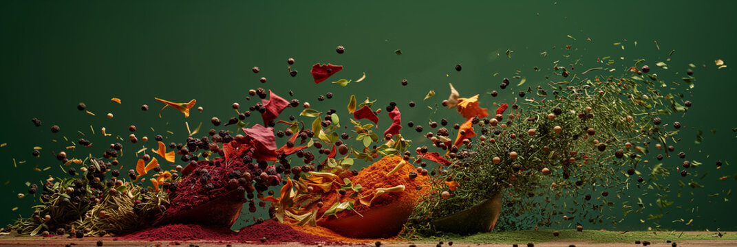 a exciting creative photo of various dried herbs and spices falling into piles with lots of movement