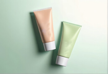 two 30ml Lotion tubes on green , skin care product mockup top view. Mockup Ai Generative 
