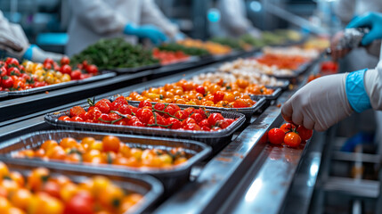 Food preparation facility, organizing vegetables in large trays.