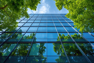  Eco-friendly building in modern city. Sustainable glass office building with trees for reducing carbon dioxide. Office building with green environment. Corporate building reduce CO2