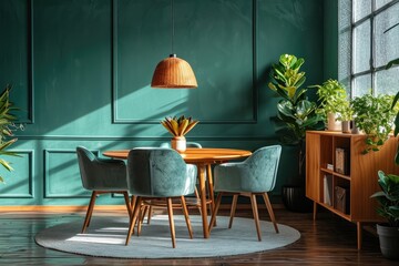 Round wooden dining table with seats in mint color. Generative Ai. - obrazy, fototapety, plakaty
