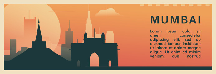 Mumbai city brutalism vector banner with skyline, cityscape. India, Maharashtra state retro horizontal illustration, travel layout for web presentation, header, footer - obrazy, fototapety, plakaty