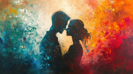 Silhouette of a loving couple in love on a colorful background. Valentine's day - obrazy, fototapety, plakaty