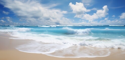 Fototapeta na wymiar A beautiful beach view with clear water and blue sky. Generative AI