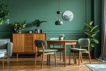 Round wooden dining table with seats in mint color. Generative Ai.